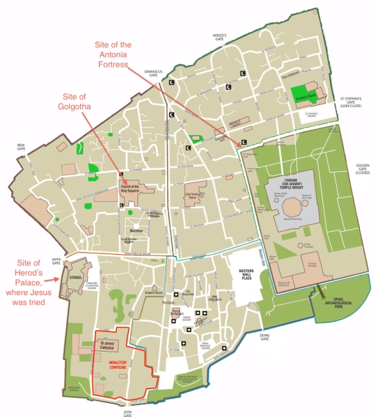 Current map of Jerusalem's Old City, showing the location of relevant sites.